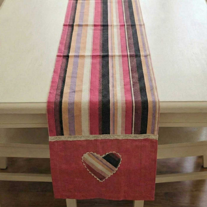 Striped Heart Motif Pink Cotton Table Runner