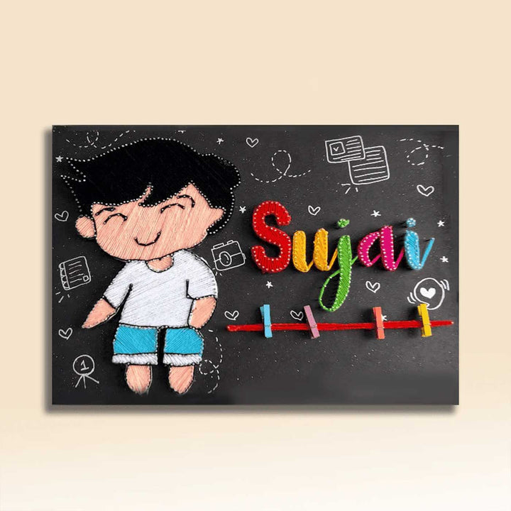 Photo Personalized String Art Cute Boy Theme Wooden Name Plate