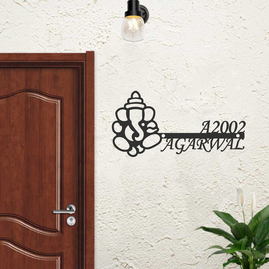 Personalized Ganesha 11 Laser Cut Metal Name Plate - Mounted on Wall Beside Door