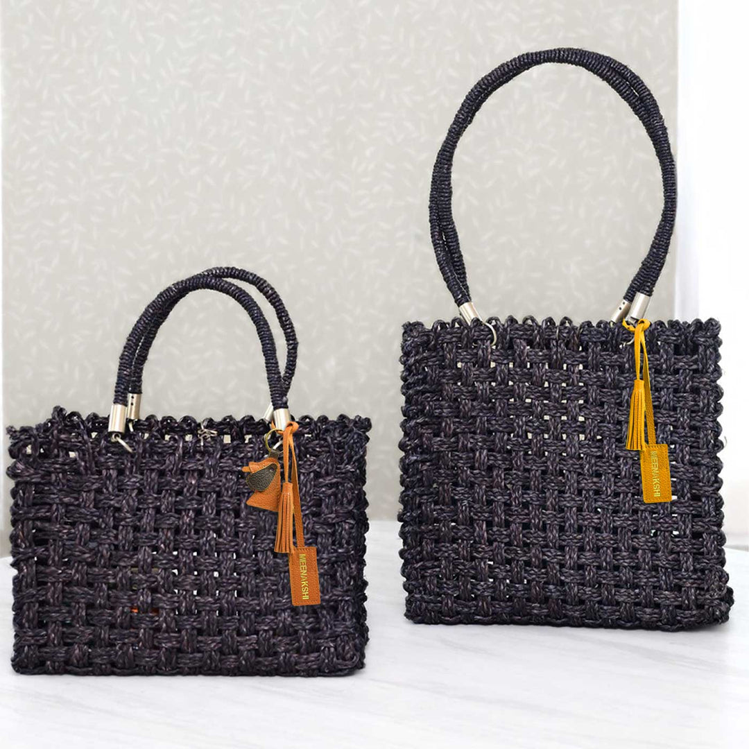 Handmade Grass Woven Vegan Wrapped Rope Handles With Metal Accents Black Sabai Mesh Handbag