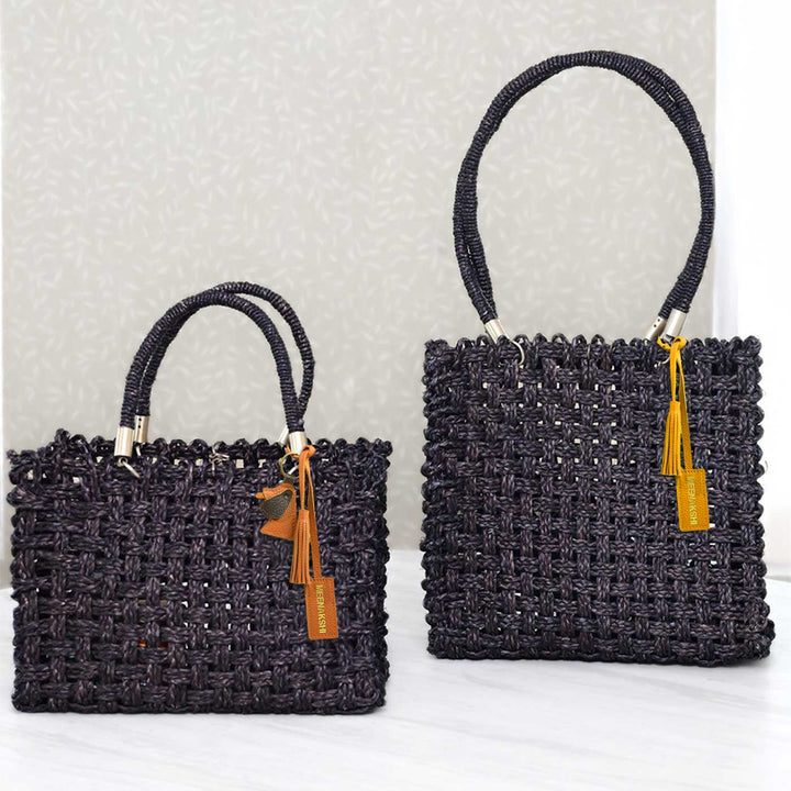 Handmade Grass Woven Vegan Wrapped Rope Handles With Metal Accents Black Sabai Mesh Handbag