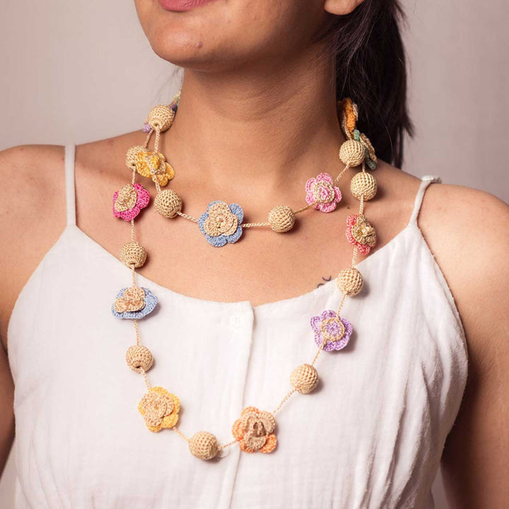 Handmade Crochet Gulnaar Zari Spring Roses Bead String Necklace