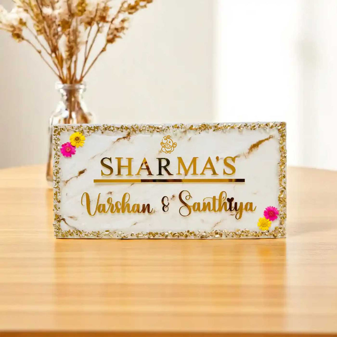 White & Gold Personalized Marble Effect Rectangle Resin Name Plate | With 3D Acrylic Letters, Gold Stone Embellishment & Natural Flowers