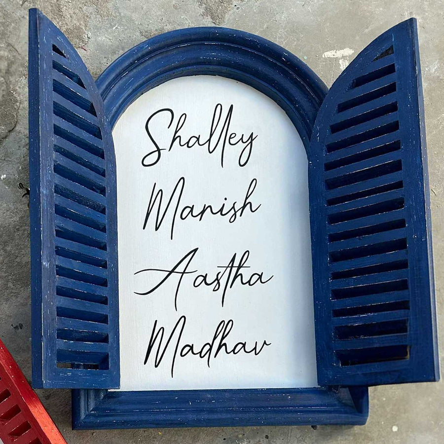 Arched Vintage Window Nameboard Copy - Open Shutter Frame with Text Personalization