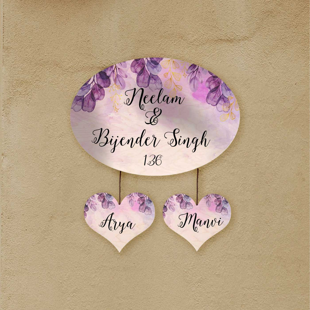 Printed Purple Spring Floral Wooden Oval Nameplate - Wall Hanging with Personalized Names