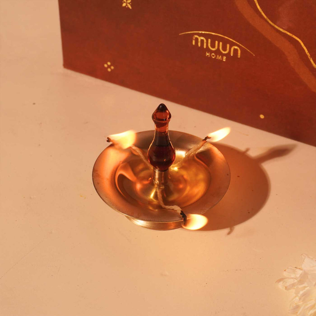 Handmade Borosilicate Nilavilakku Glass And Brass 5-Wick Oil Lamp For Pooja Decor | Short