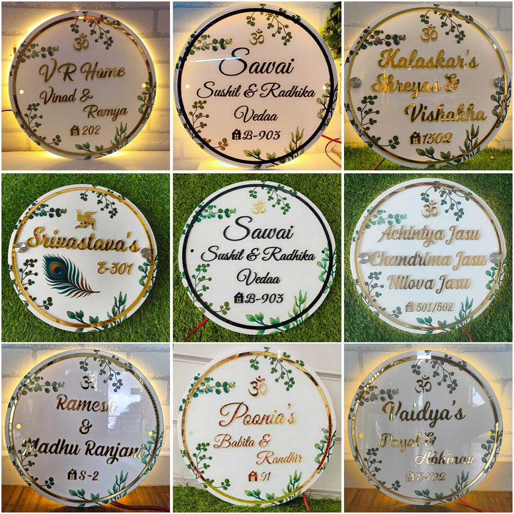 Personalized Handmade Leaf Printed Circular Acrylic Name Plate With Lights