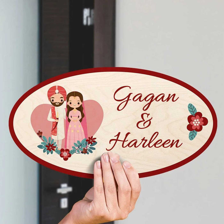 Printed Wooden Oval Sikh Couple Nameplate For Couples - Handheld Personalized Name Example