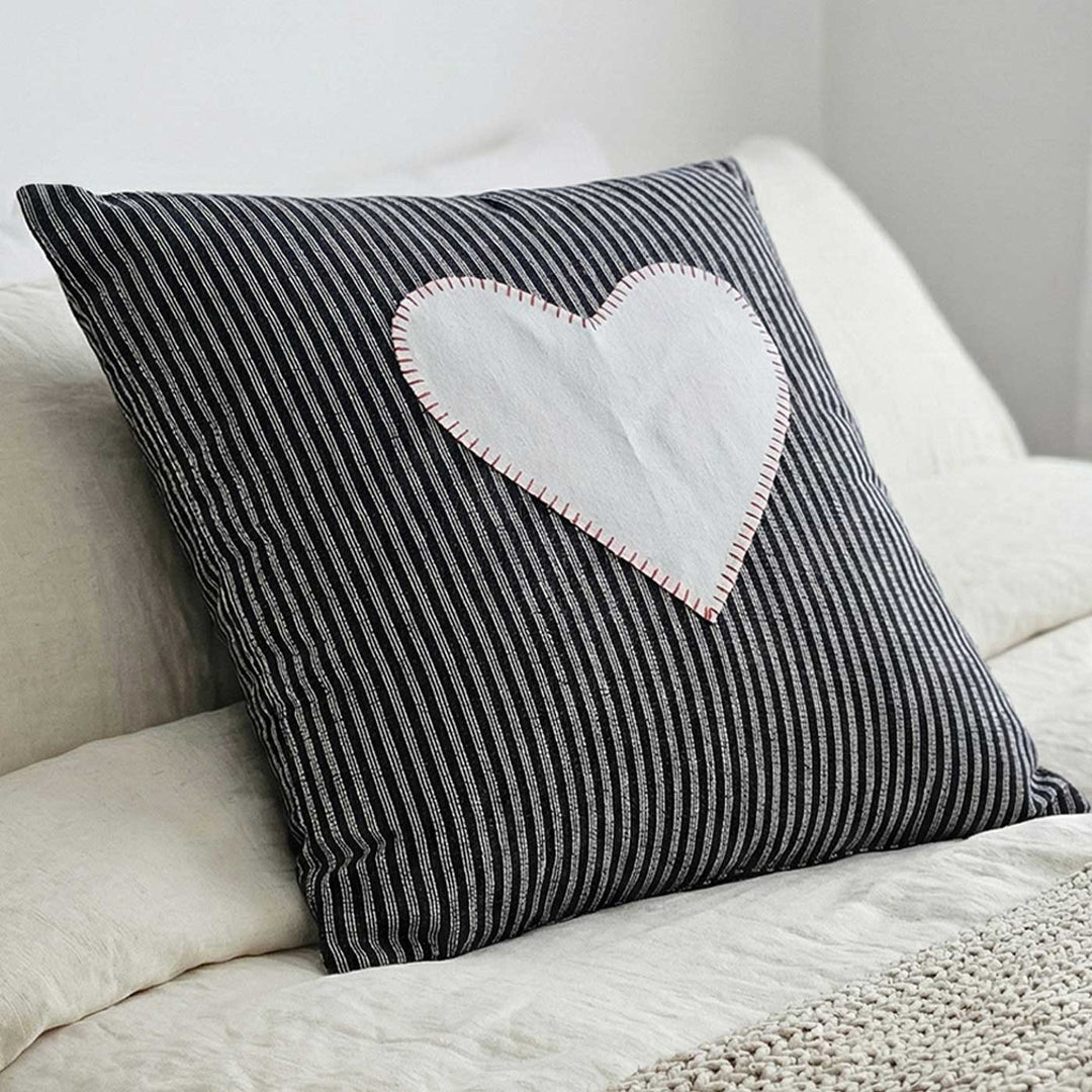 Black & White Striped Heart Motif Cotton Cushion Cover