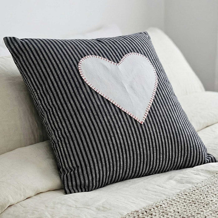 Black & White Striped Heart Motif Cotton Cushion Cover