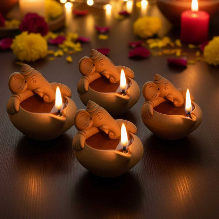 Set Of 4 | Handmade Ganesh Design Terracotta Oil Lamp / Diya