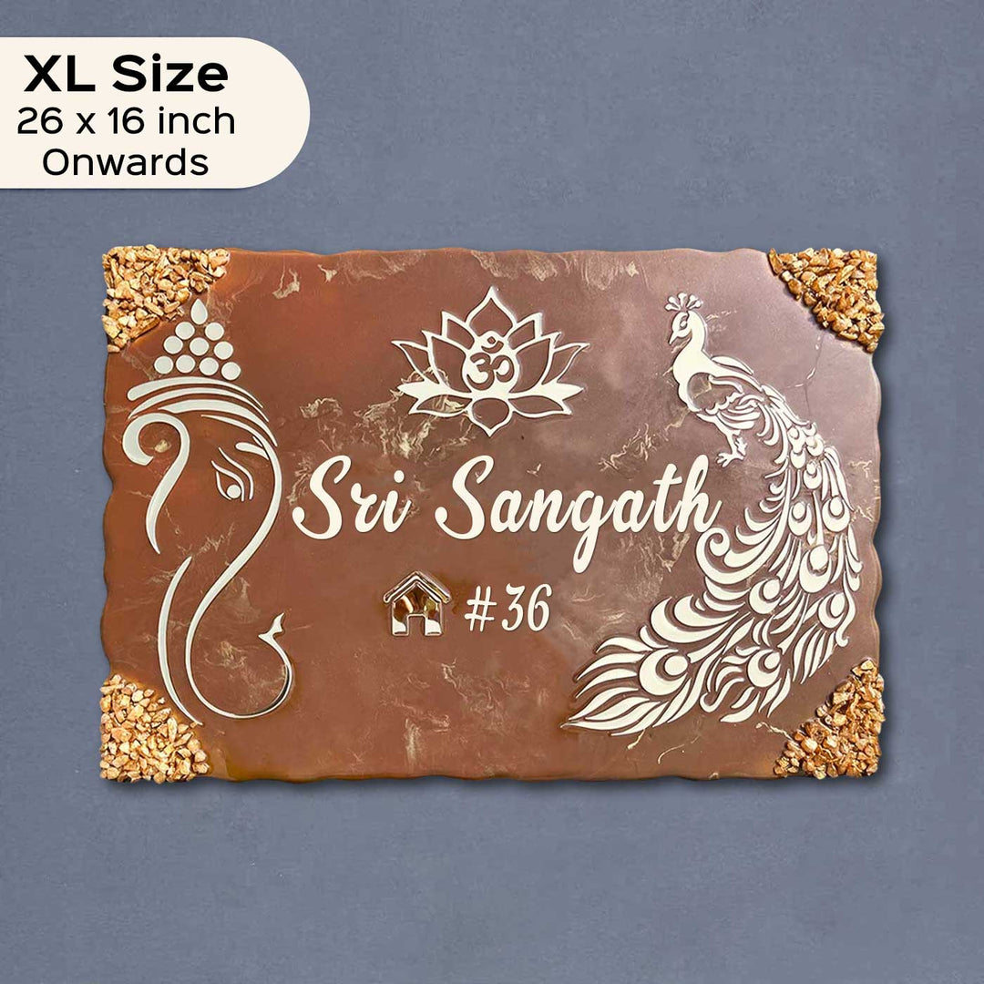 Personalized Metallic Brown Ganesha And Peacock Theme Resin Name Plate - Top View with Name Personalization