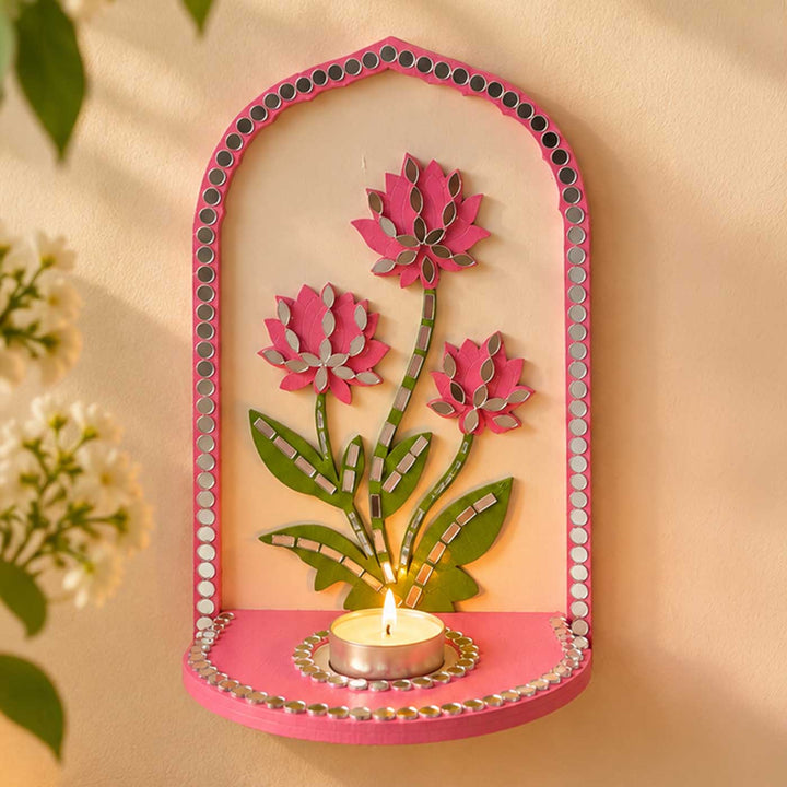 2 pc | Handcrafted Lotus Mirror Work MDF Tealight Holders For Festive Decor