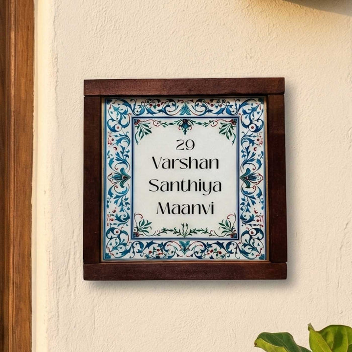 Blue & White Vintage Personalized Printed Framed Square Resin Name Plate