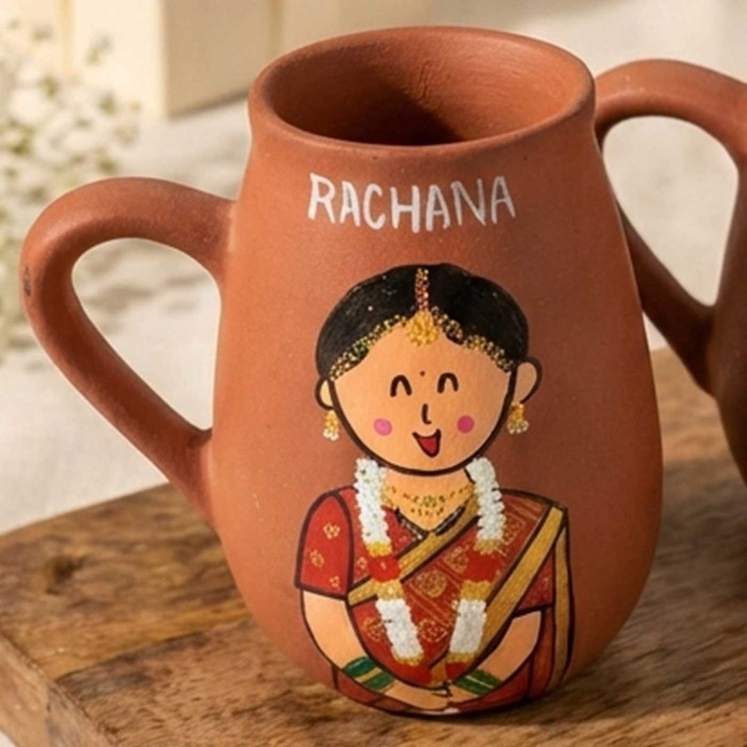 2 Pc | Tamil Nadu Couple Personalized Handpainted Terracotta Mug | 450 ml