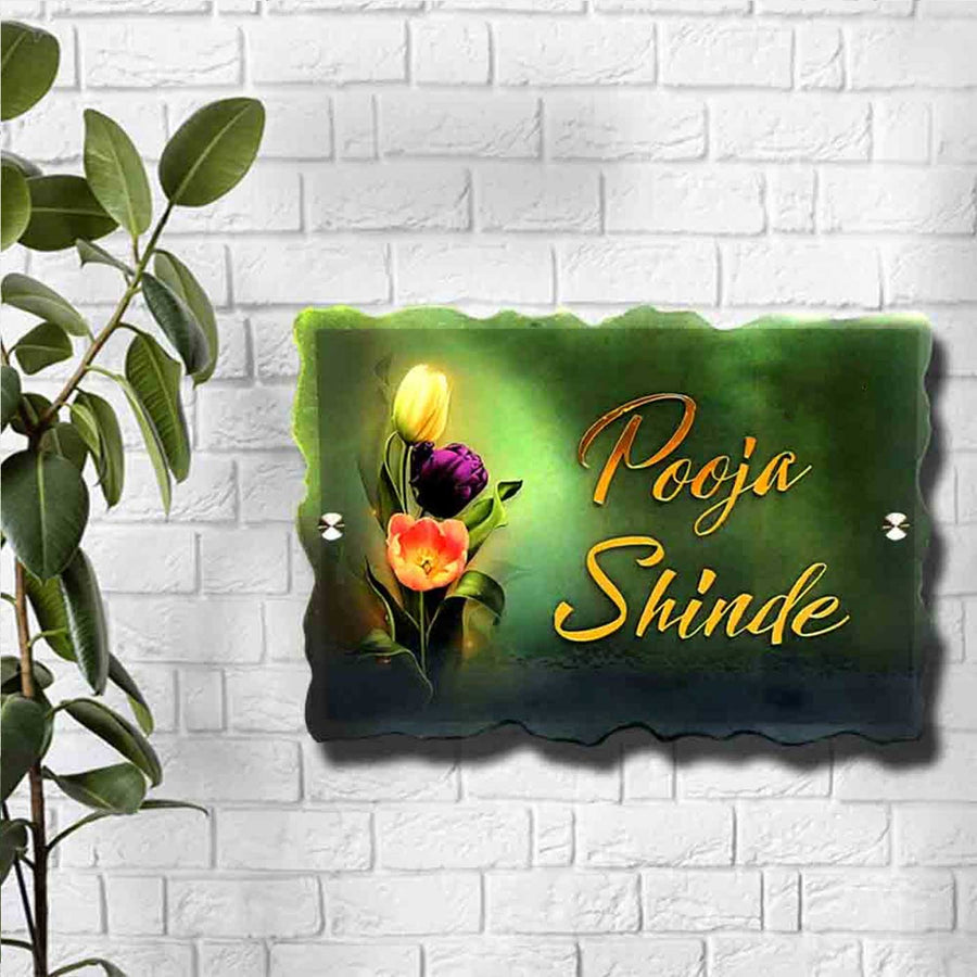 Personalized Handmade Floral Resin Name Plate - Mounted on Exterior Brick Wall