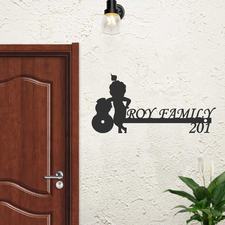 Personalized Little Krishna Laser Cut Metal Name Plate - Mounted on Entryway Wall