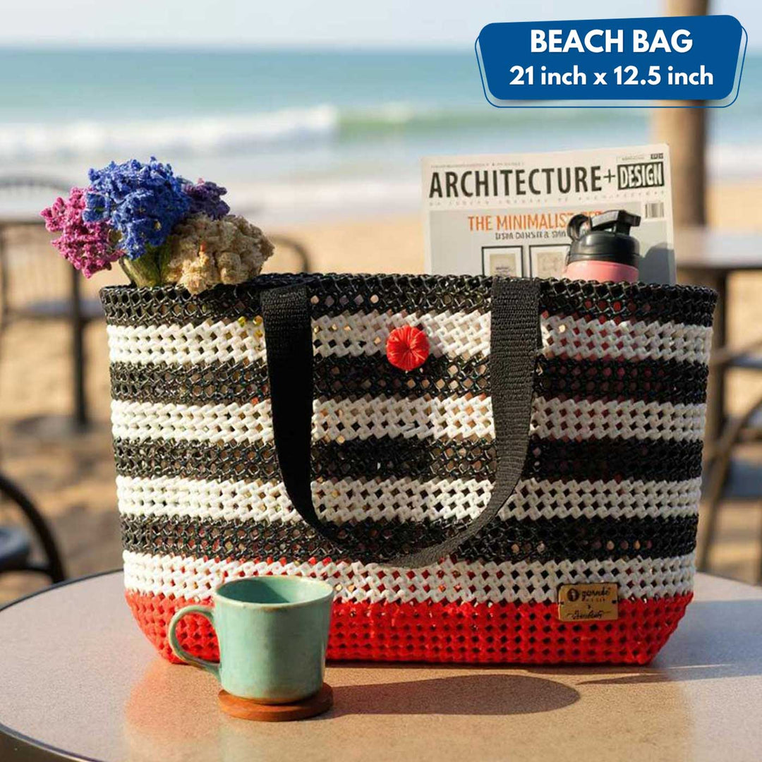 Black & White Striped Mukhya Knot Handmade Koodai Beach Bag