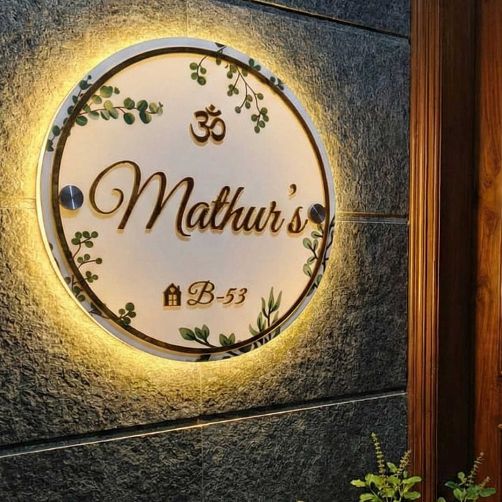Personalized Handmade Leaf Printed Circular Acrylic Name Plate With Lights