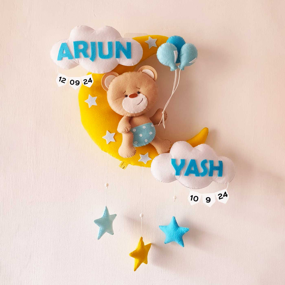 Hand Stitched Teddy Themed Felt Moon Nameplate With Birthdate For Kids Copy - Hanging Nursery Mobile Display