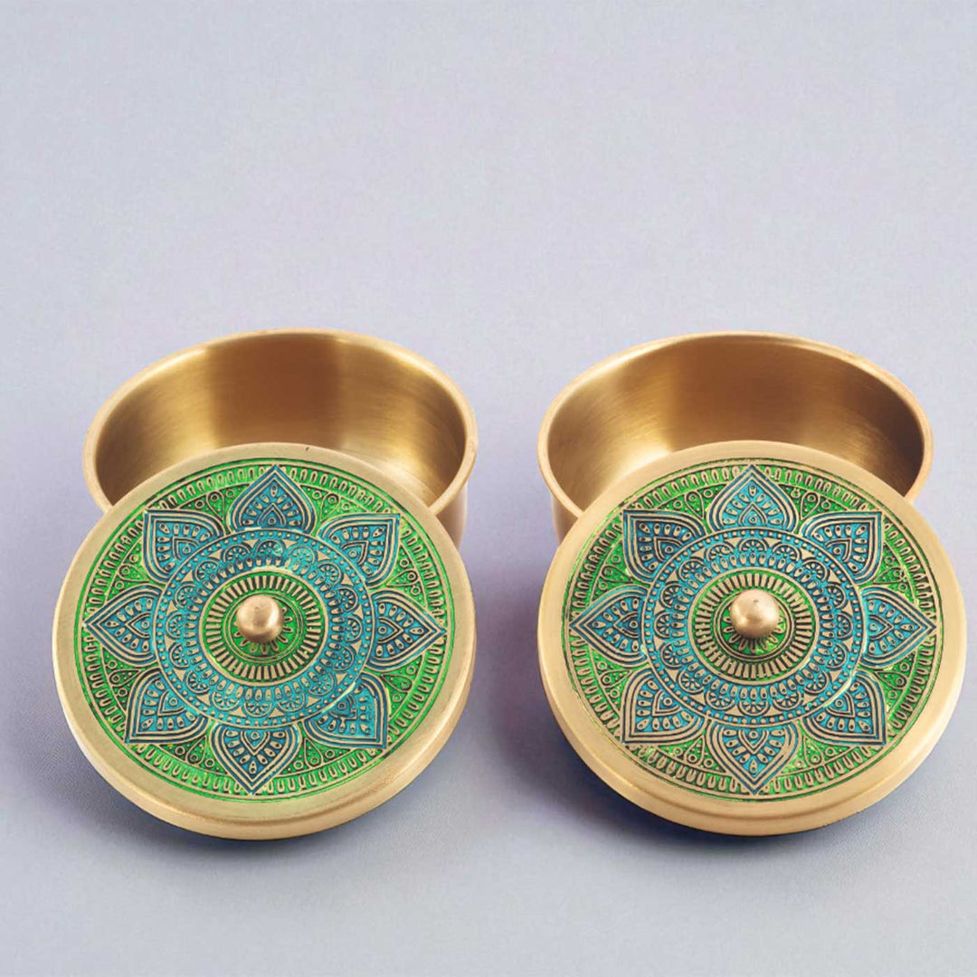 Hand-Painted Vrinda Brass Gift Hamper | Includes 2 Containers And 1 Gift Box