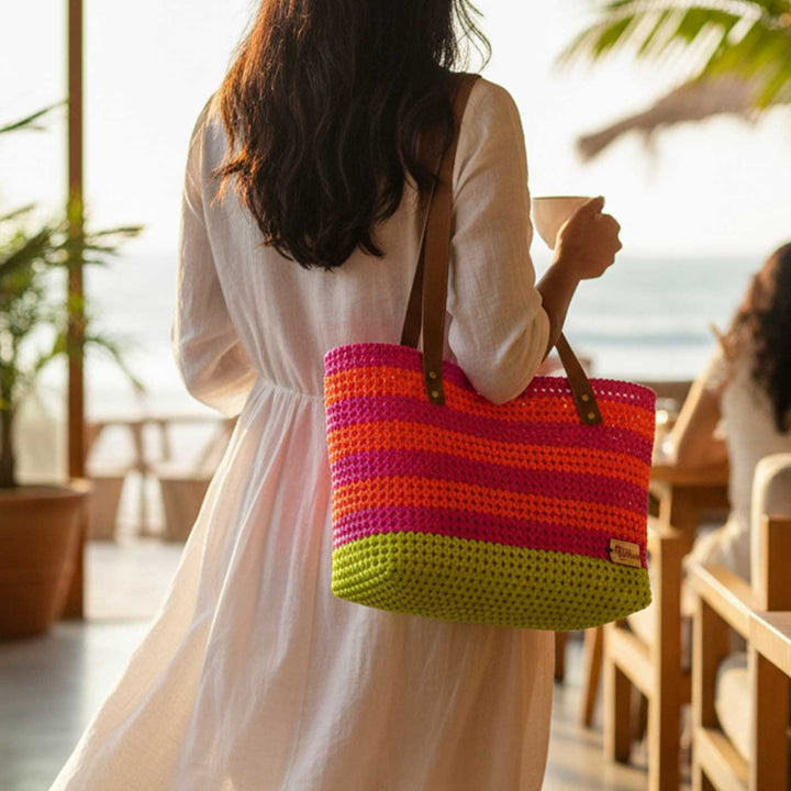 Pink With Green Bottom Mukhya Knot Handmade Koodai Beach Bag