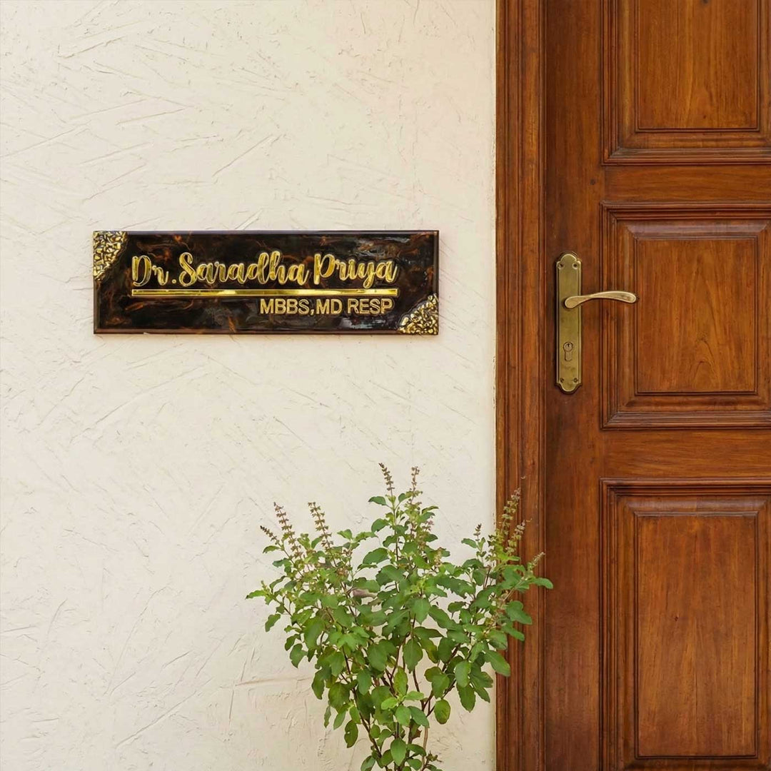 Black & Gold Personalized Marble Effect Rectangle Resin Name Plate | With 3D Acrylic Letters & Gold Stone Embellishment