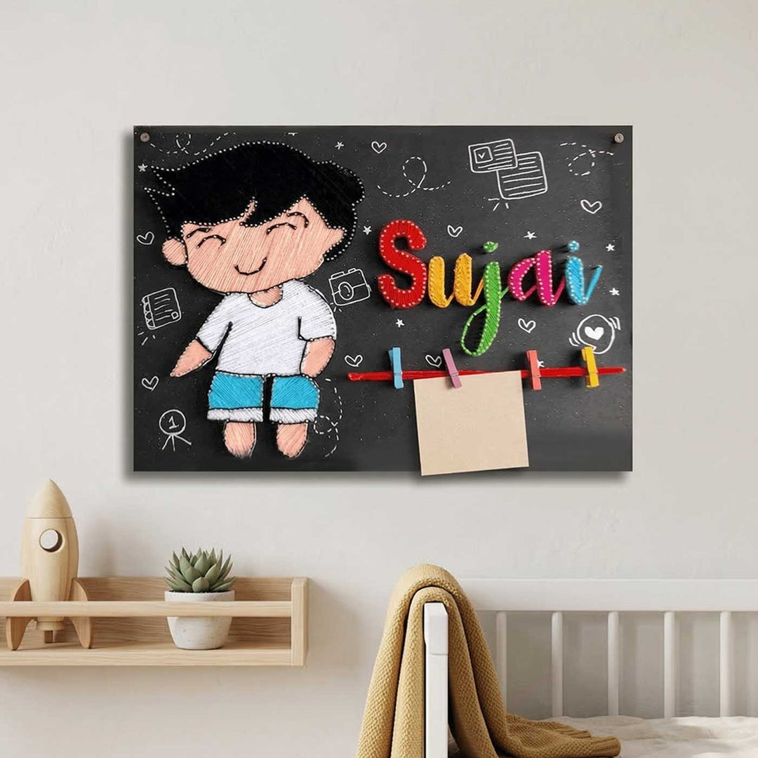Photo Personalized String Art Cute Boy Theme Wooden Name Plate