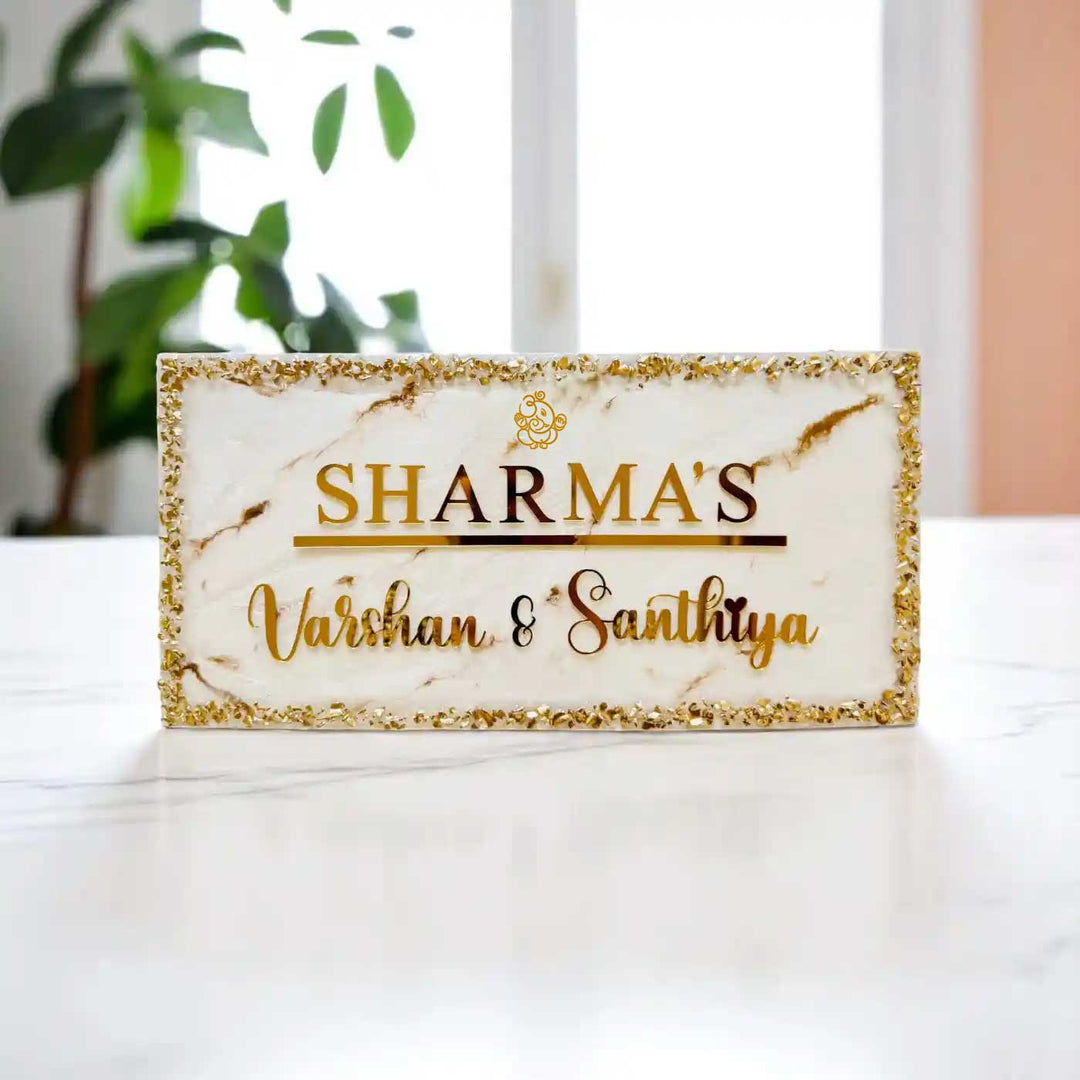 White & Gold Personalized Marble Effect Rectangle Resin Name Plate | With 3D Acrylic Letters, Gold Stone Embellishment & Natural Flowers