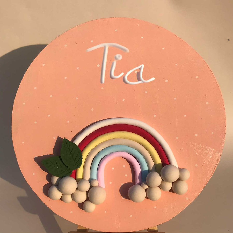 Personalized Pink Unicorn Theme Deco Clay Kids Name Plate - Front View with Name Personalization
