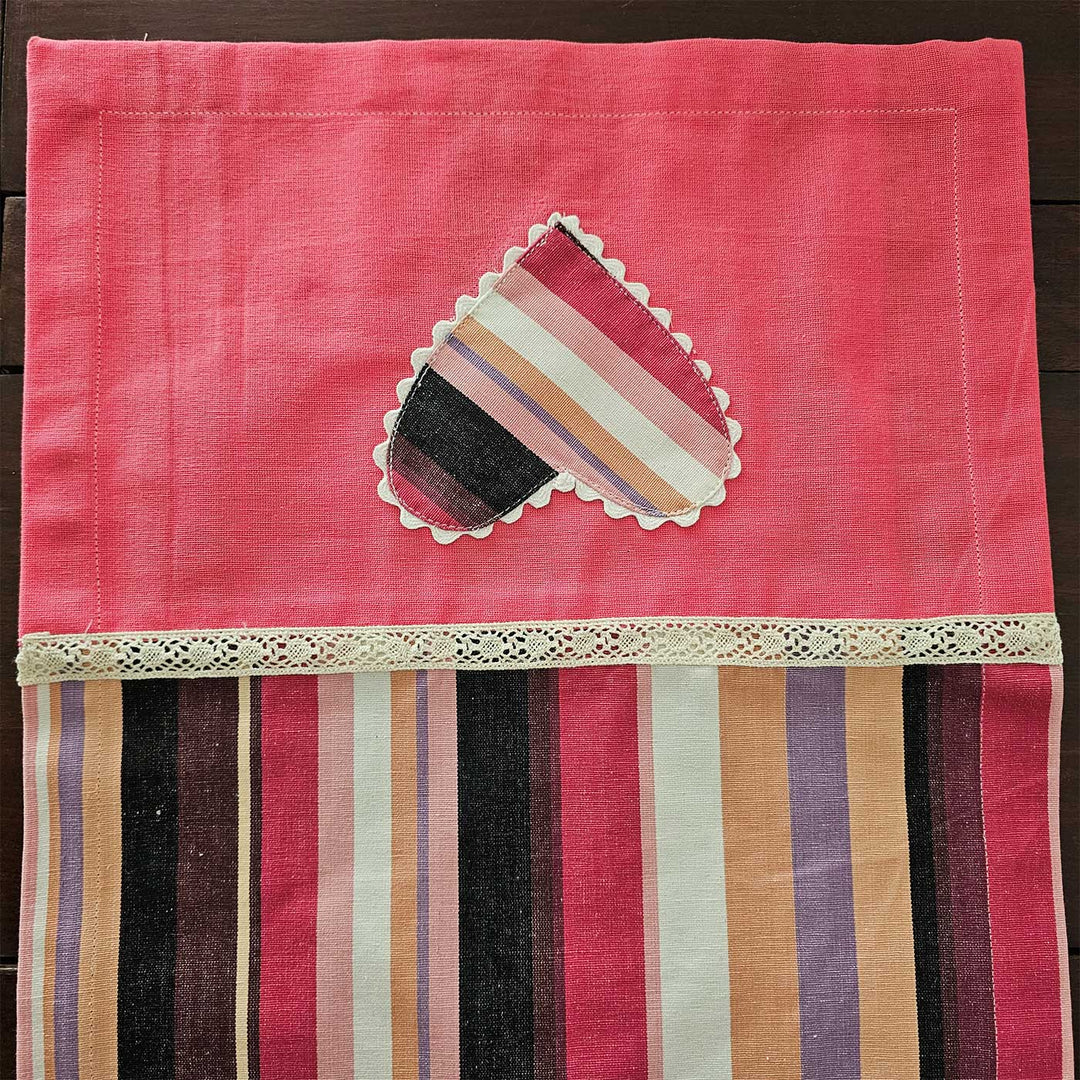 Striped Heart Motif Pink Cotton Table Runner