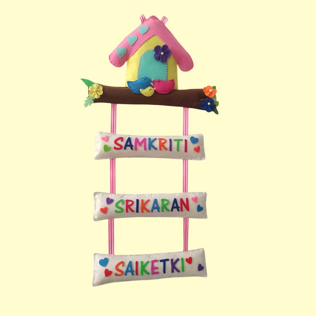 Personalized Handmade Tree House Felt Name Plate - Name Personalization Example Hanging View