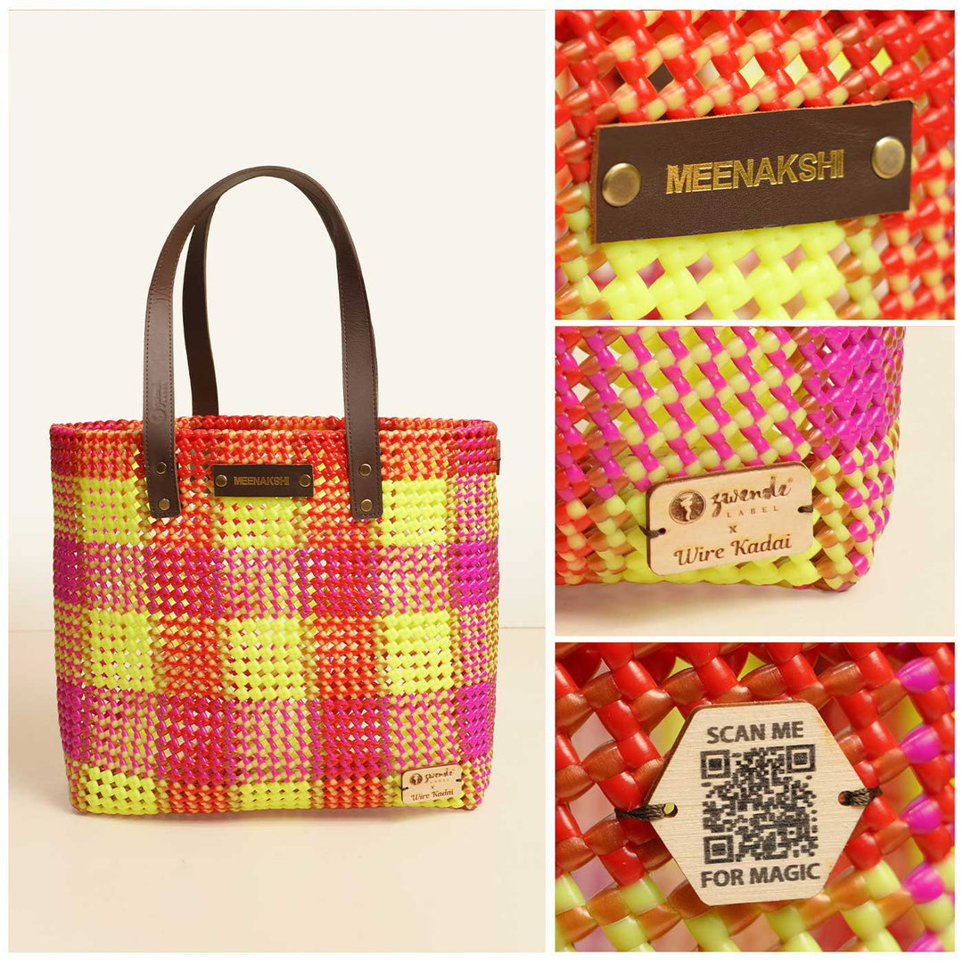 Pink And Florecent Green Checks Handmade Wire Koodai Tote Bag
