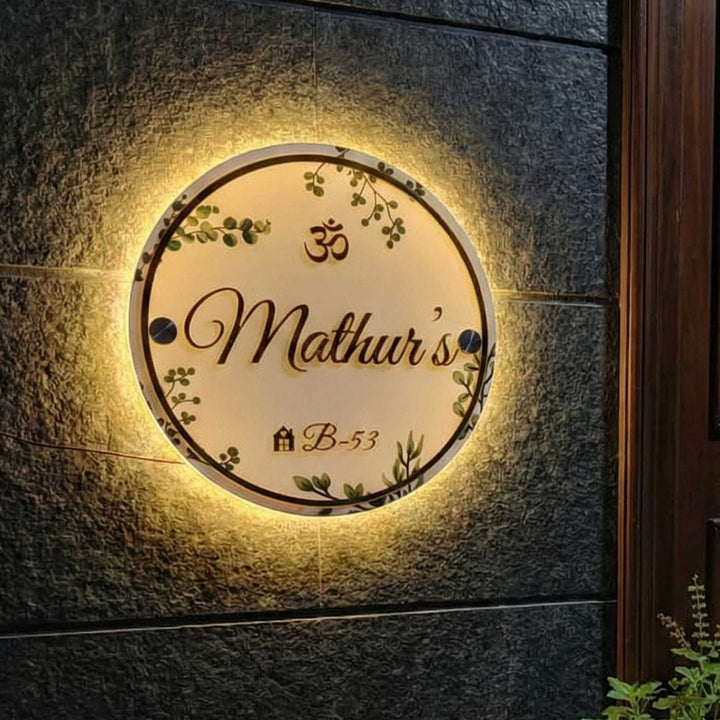 Personalized Handmade Leaf Printed Circular Acrylic Name Plate With Lights