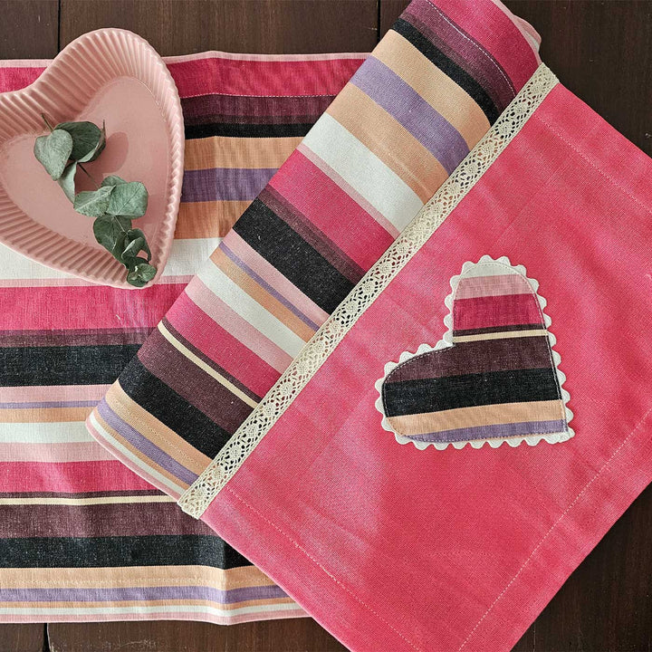 Striped Heart Motif Pink Cotton Table Runner