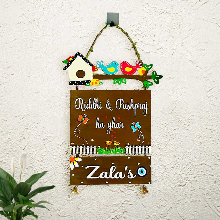 Personalized Birds Themed Mdf Wood Name Plate - Hanging Front View on Wall