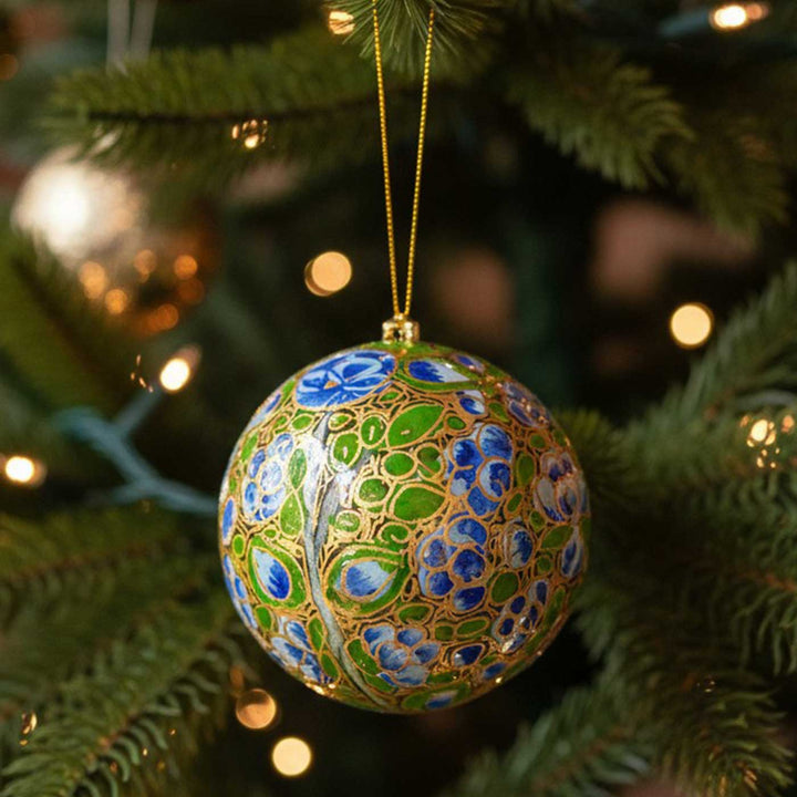 Blue & Green Handmade Kashmiri Paper Mache Christmas Ball Ornament For Tree Decor