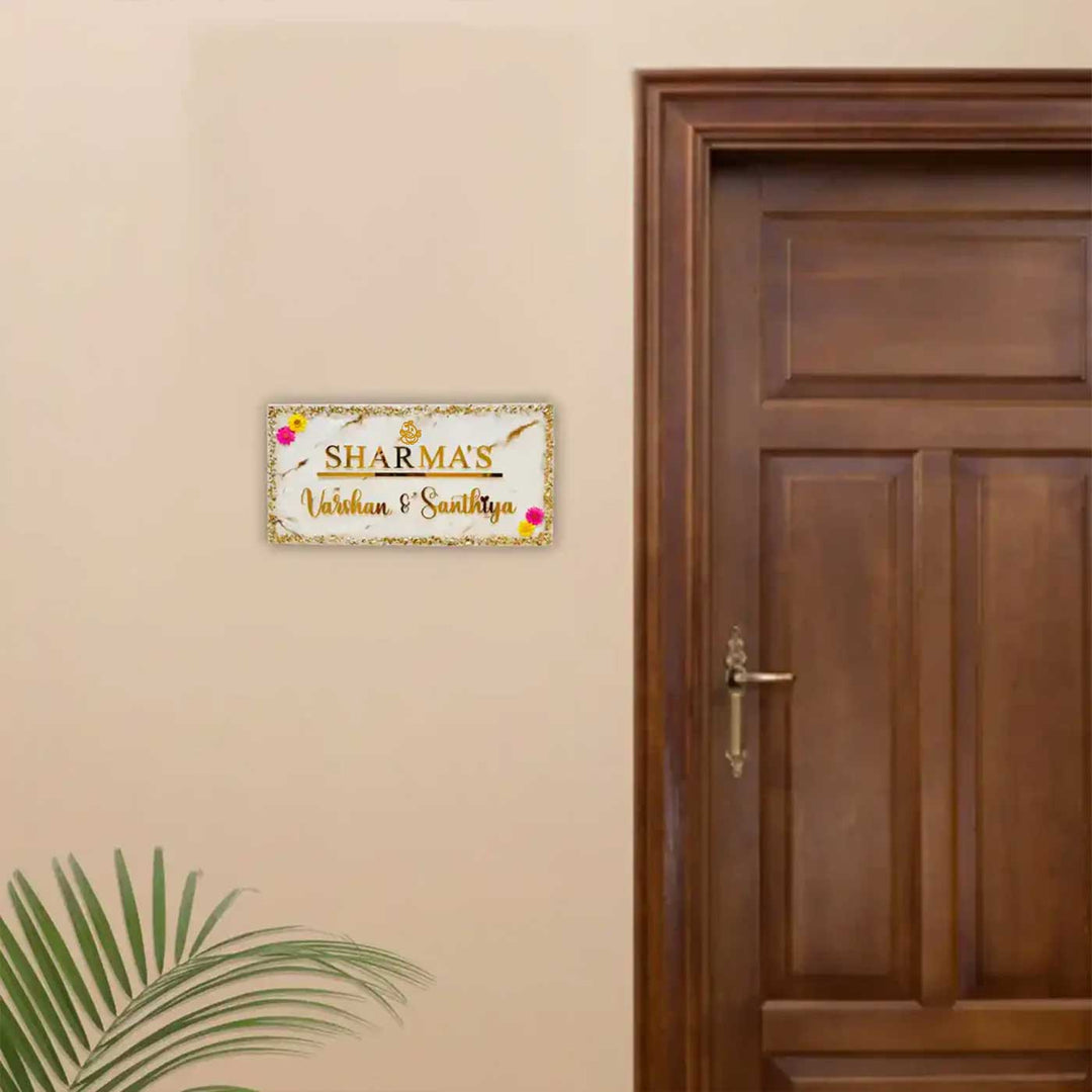 White & Gold Personalized Marble Effect Rectangle Resin Name Plate | With 3D Acrylic Letters, Gold Stone Embellishment & Natural Flowers