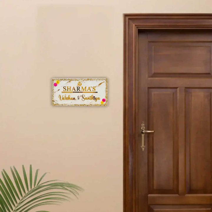 White & Gold Personalized Marble Effect Rectangle Resin Name Plate | With 3D Acrylic Letters, Gold Stone Embellishment & Natural Flowers