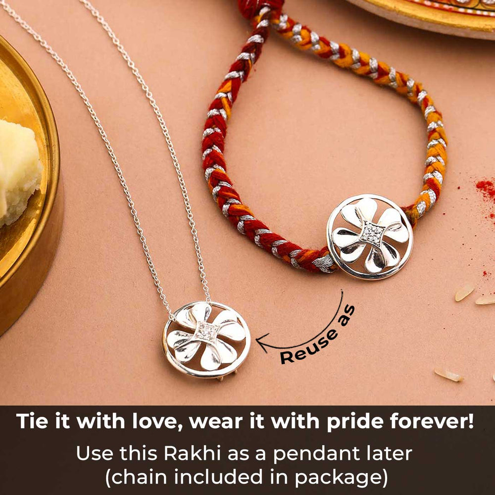 Handmade Clover Leaf Design Silver Rakhi For Brother - Reuse as Pendant Example
