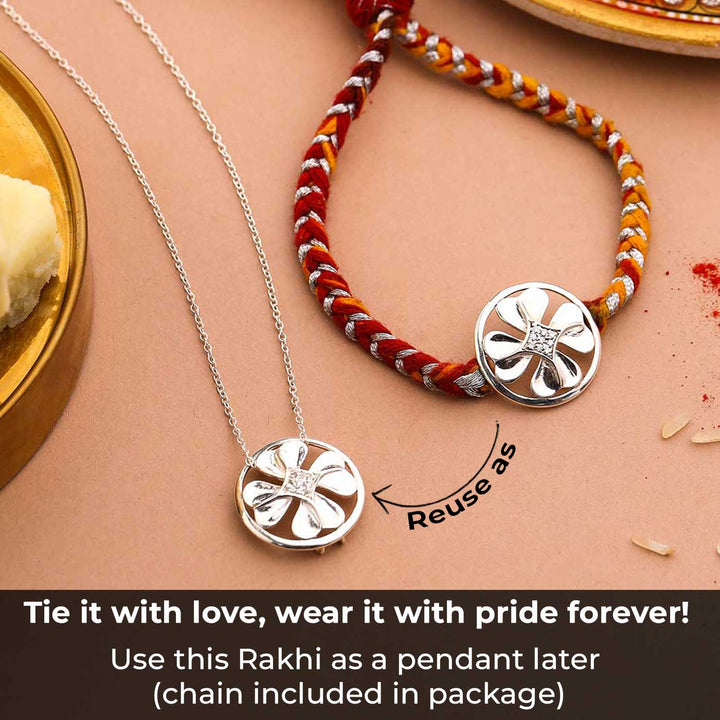Handmade Clover Leaf Design Silver Rakhi For Brother - Reuse as Pendant Example