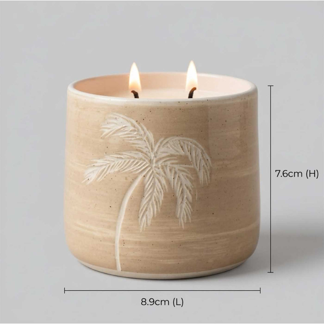 Handmade Avenor Palm Tree Engraved Ceramic Jar Soy Wax Candle With Cashmere Shore Fragrance