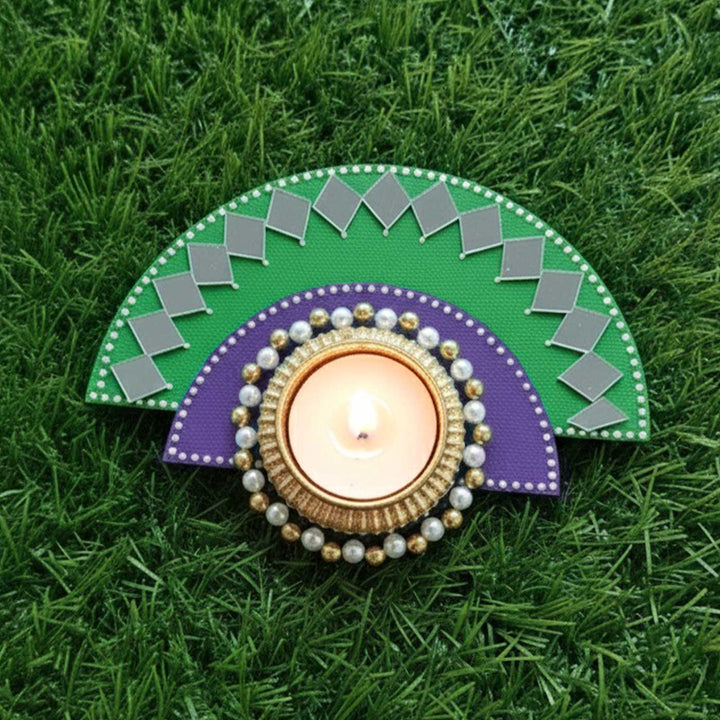 Handmade Mirror Work Semi Circle Wooden Tealight Holder With Tealight Candle | Set Of 4