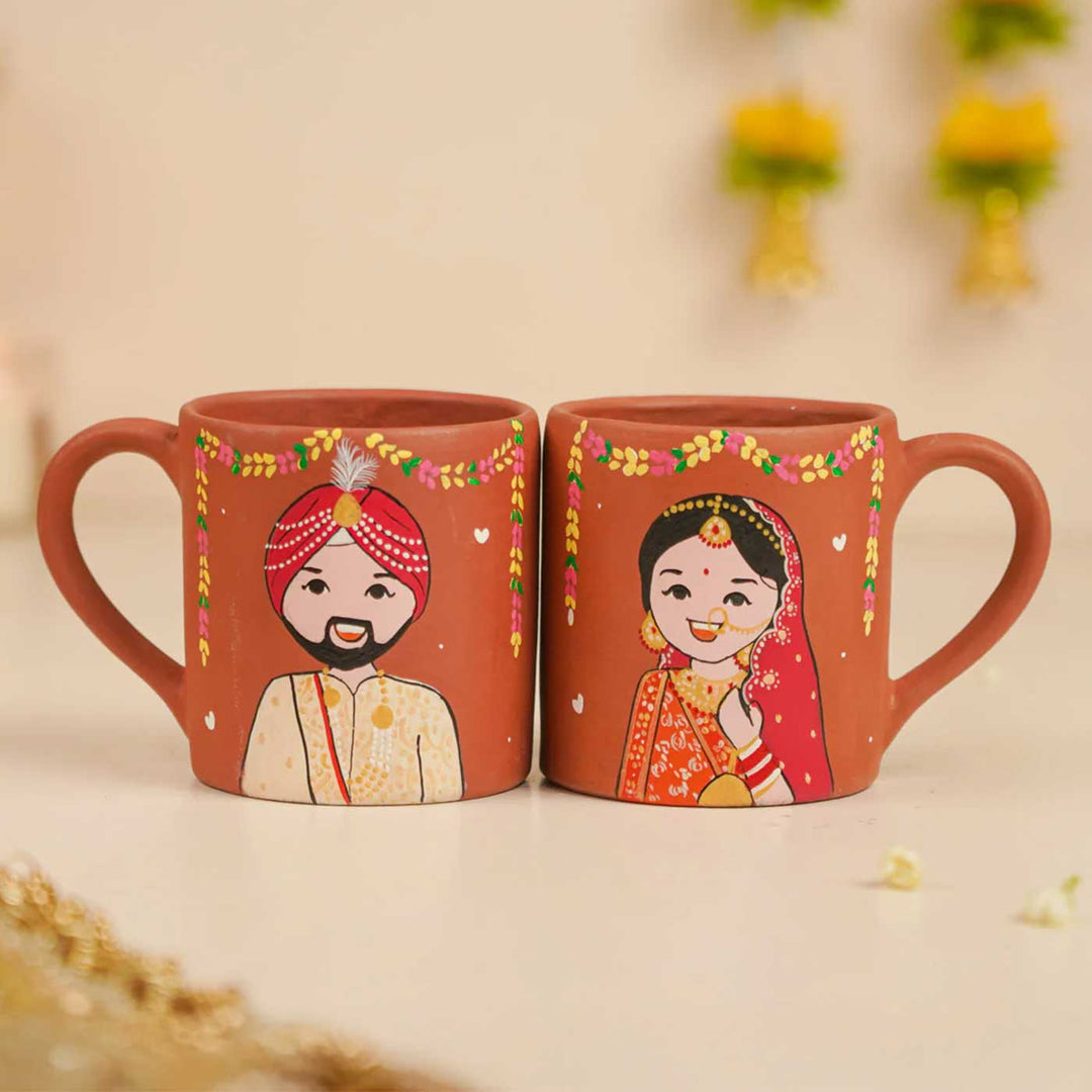 2 Pc | Punjabi Couple Personalized Handpainted Terracotta Mug | 200 ml