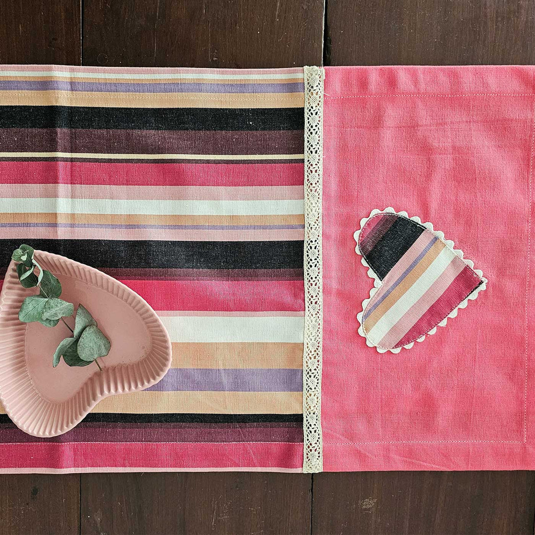 Striped Heart Motif Pink Cotton Table Runner