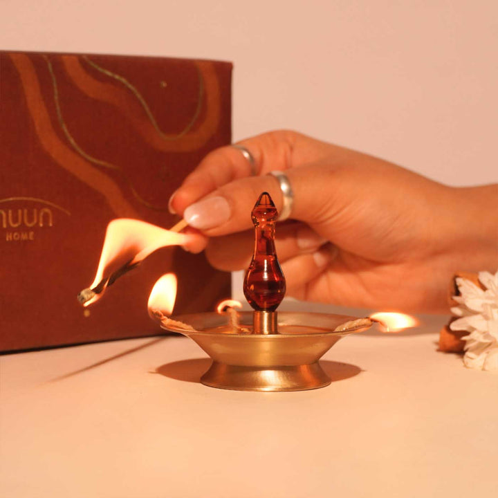 Handmade Borosilicate Nilavilakku Glass And Brass 5-Wick Oil Lamp For Pooja Decor | Short