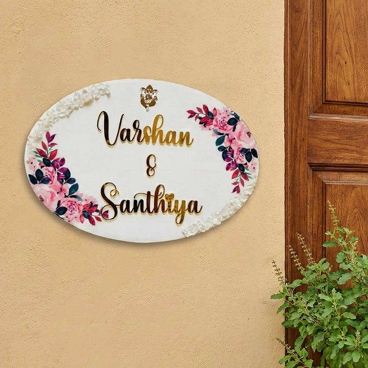 White & Pink Personalized Oval Resin Name Plate | With 3D Acrylic Letters & Gold Stone Embellishment