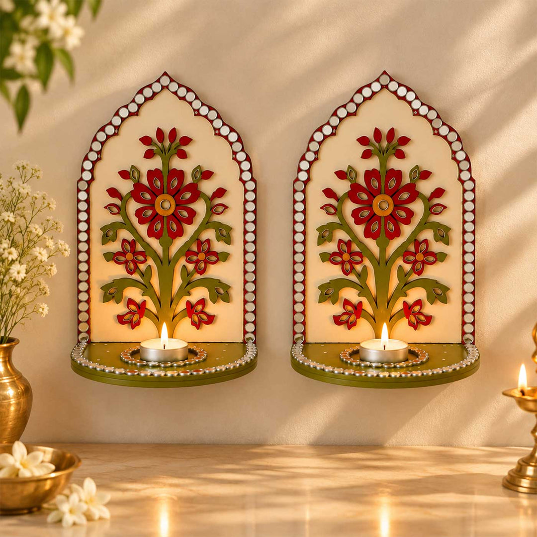 2 pc | Handcrafted Flower Mirror Work MDF Tealight Holders For Festive Decor