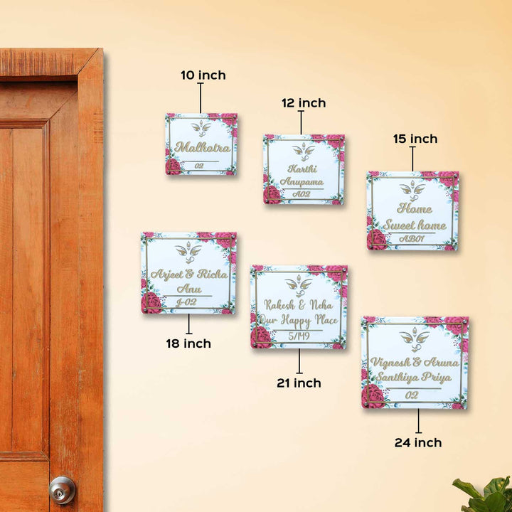 Rose Floral White Acrylic Square Personalised UV Print Name Plate