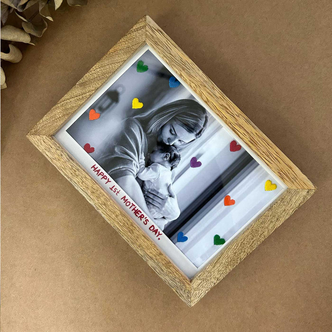 Rainbow Hearts Style Hand Embroidered Photo With Wooden Frame